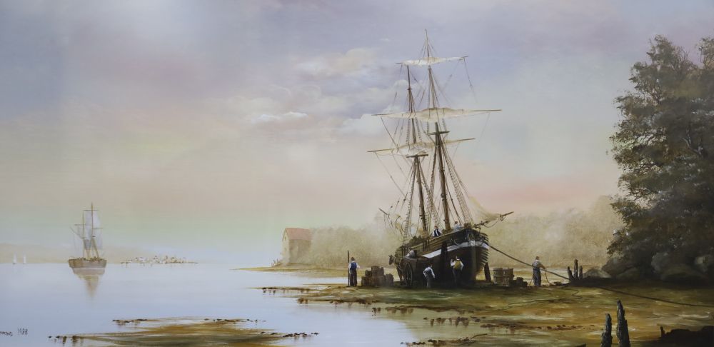 Ken Hammond (1948-), gouache on card, Estuary at low tide, signed and dated 1988, 30 x 60cm
